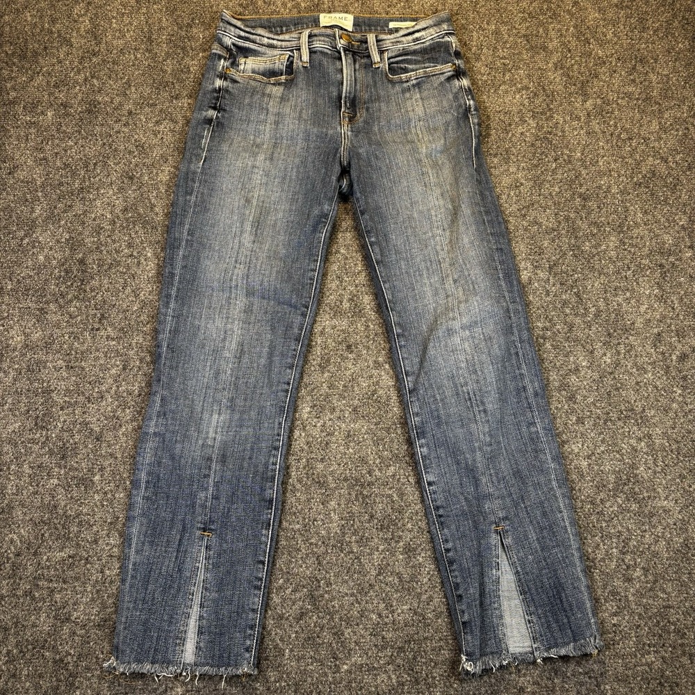 Frame Le Nouveau Straight Jeans Womens 25 Blue Sheffield Split Raw Hem Cropped